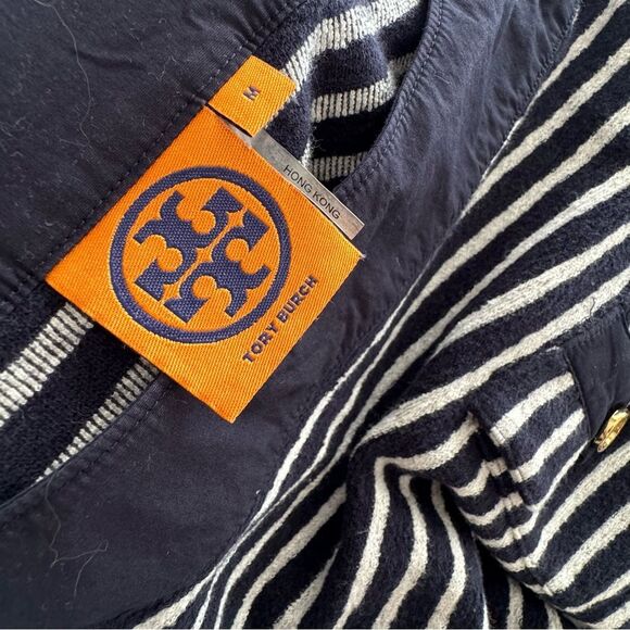 Tory Burch Navy Blue and White Striped Boat Neck Top 3/4 Sleeve - Picture 9 of 14